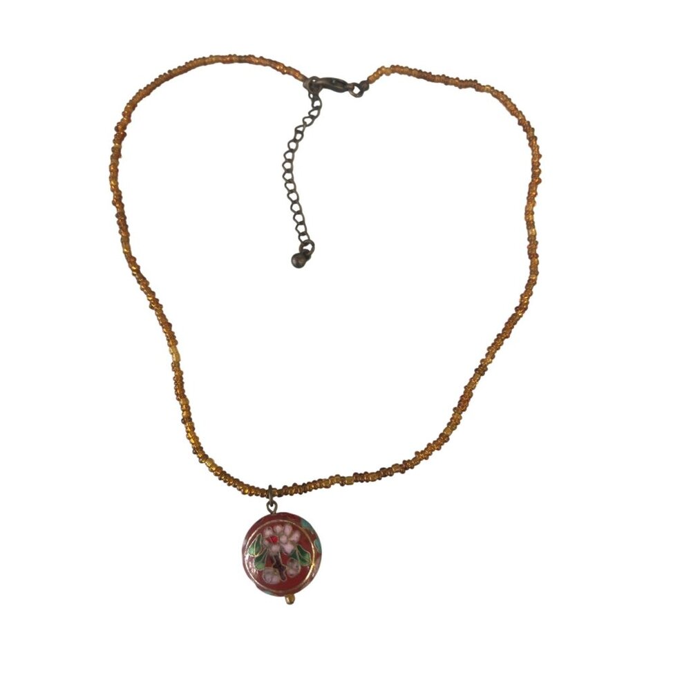 Vintage Amber Color Seed Bead Necklace Cloisonné Floral Pendant Flower Adj 17"